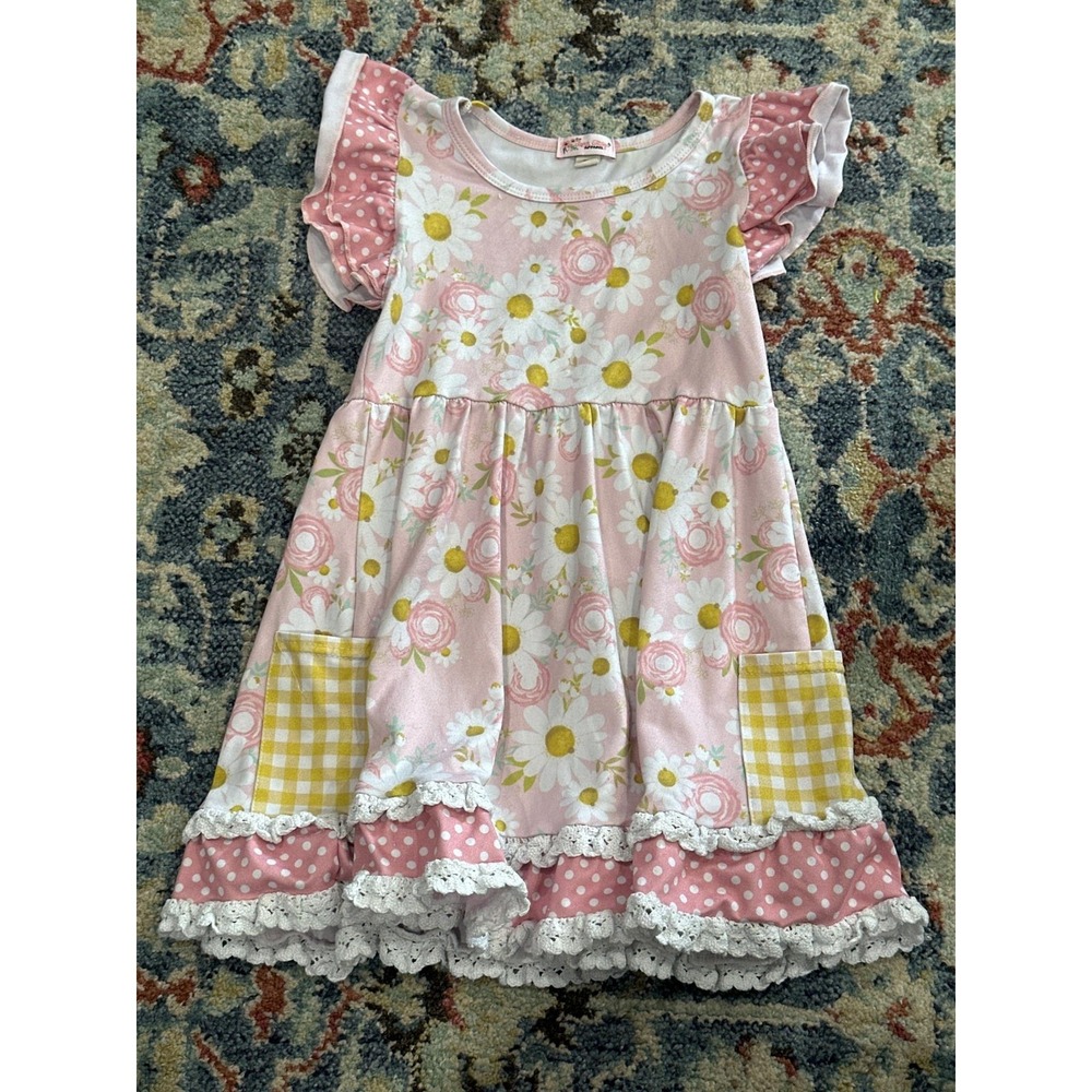 Clover Cottage Floral Flutter Dress Girls 3T Pink Mixed Print Lace EUC